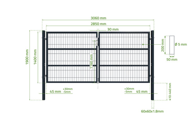 Technische Zeichnung eines Gartentors mit Maßangaben
