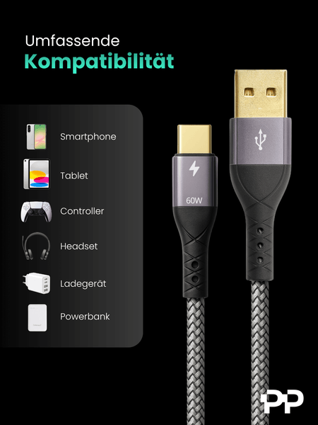 ProfiPatch USB A auf USB C Kabel 60W QC 3A 0,5m grau Goldkontakt Textil