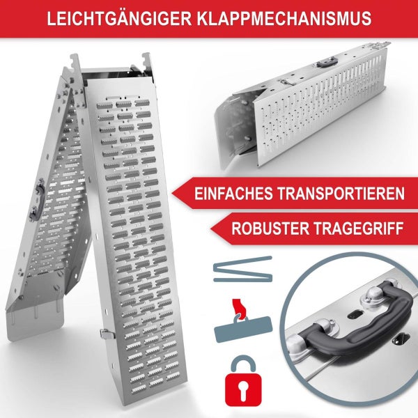 Klappbare Auffahrrampe aus Metall mit gelochter Oberfläche, Tragegriff und leichtgängigem Klappmechanismus für einfachen Transport.