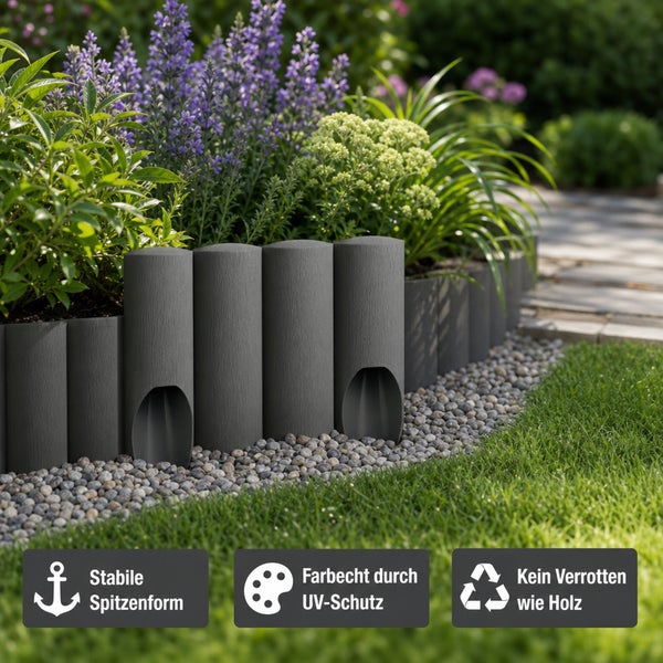 Beetbegrenzung aus Kunststoff als Palisade mit Stabile Spitzenform, UV Schutz für Farbechtheit und Verrottungsbeständigkeit im Garten.