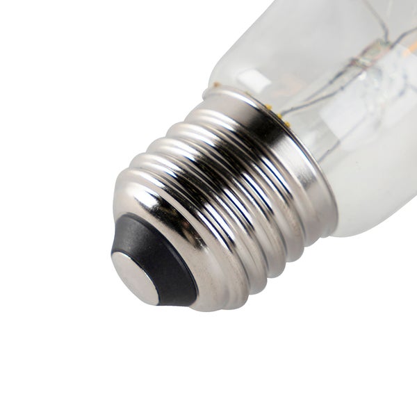 Nahaufnahme eines E27 Schraubsockels aus Metall an einem Leuchtmittel aus Glas.