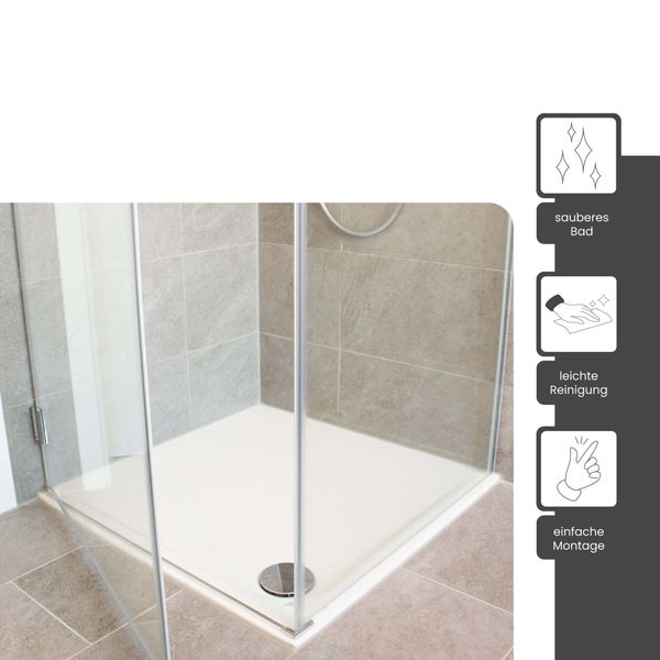 Duschwanne in modernem Badezimmer mit Glasduschkabine. Symbole für sauberes Badezimmer, leichte Reinigung und einfache Montage.