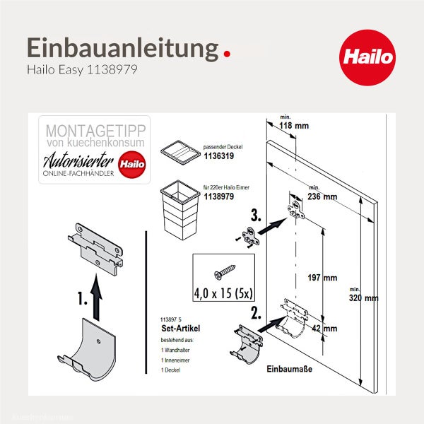 Einbauanleitung fuer Hailo Easy Abfalleimer inklusive Montageanleitung und Einbaumassen.