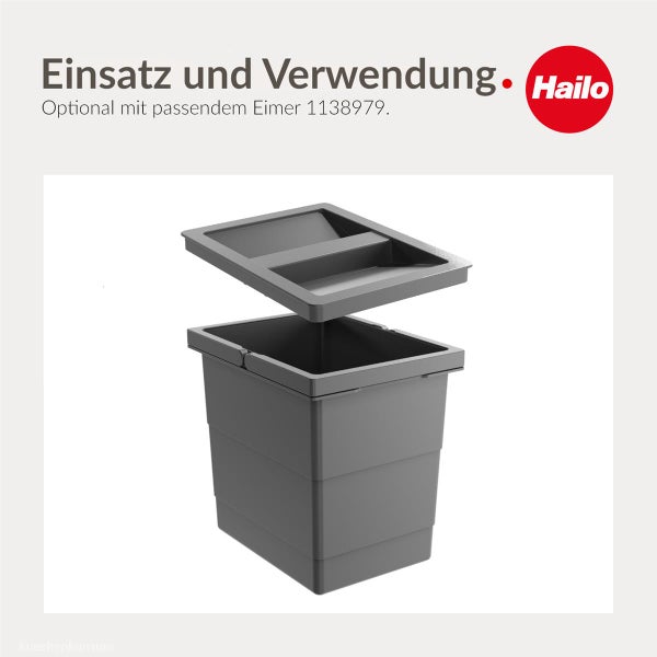 Hailo Logo, grauer Kunststoffeimer für Abfallsysteme mit passendem Deckel.