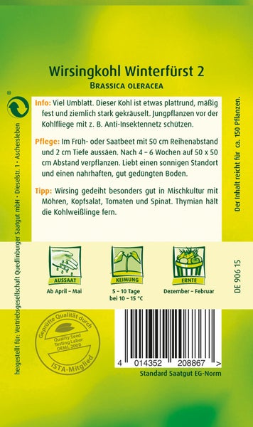 Rückseite der Samenpackung Wirsingkohl Winterfürst 2 mit Quedlinburger Saatgut Logo, Aussaat- und Pflegehinweisen sowie Kultursymbolen.