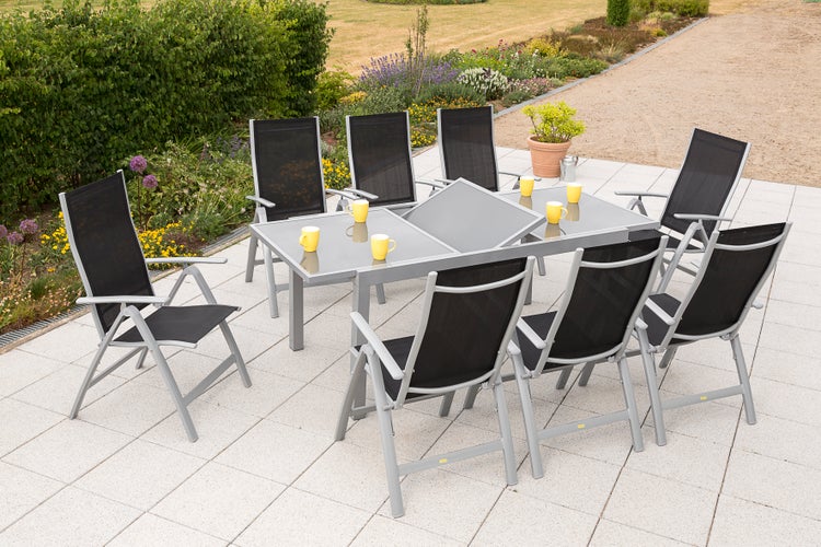 Carrara Gartenmöbelset 9tlg., Klappsessel, Ausziehtisch 160 (220) x 90 cm, schwarz