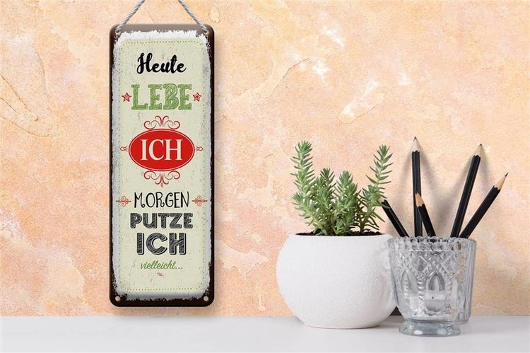 Blechschild Spruch Heute lebe ich morgen putze ich 10x27cm