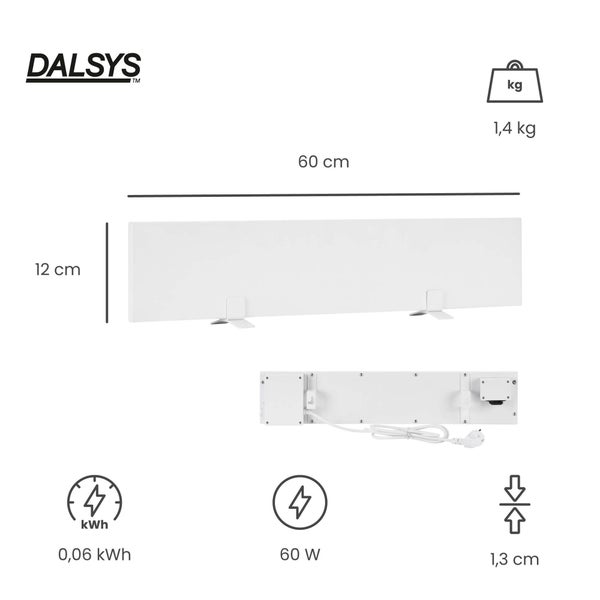 DALSYS Logo, Infrarotheizung, 60 Zentimeter lang, 12 Zentimeter hoch, 1,3 Zentimeter tief, 1,4 Kilogramm, 60 Watt, Verbrauch 0,06 Kilowattstunden.