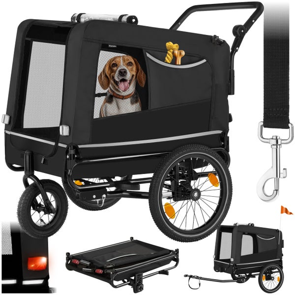 Hundeanhänger mit Hund im Inneren und Zubehör