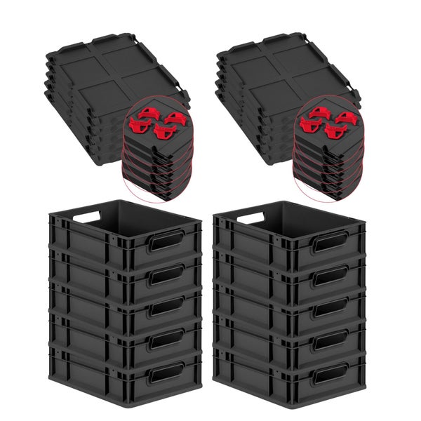 PROREGAL SparSet 10x Eurobox NextGen Grip mit Auflagedeckel inkl. 4 roten Schiebeschnappverschlüssen, HxBxT 12x30x40cm, 11 Liter, Schwarz, Griffe offen, Eurobehälter, Transportbox, Transportbehälter, Stapelbehälter