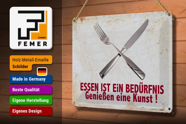 Blechschild Spruch 30x20cm Essen ist ein Bedürfnis Kunst