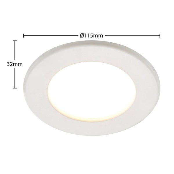 Runde LED-Einbauleuchte in Weiß mit einem Durchmesser von 115 Millimetern und einer Höhe von 32 Millimetern.
