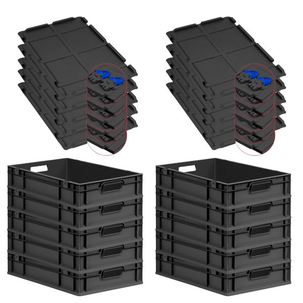 PROREGAL SuperSparSet 10x Eurobox NextGen Grip mit Scharnierdeckel und blauen Schiebeschnappverschlüssen, HxBxT 12x40x60cm, 23 Liter, Schwarz, Griffe offen, Eurobehälter, Transportbox, Transportbehälter, Stapelbehälter