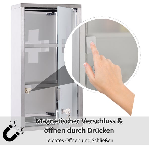 HOMCOM Medizinschrank Arzneischrank abschließbarer Apothekerschrank Erste-Hilfe-Schrank mit 3 Fächer Wandschrank Edelstahl Silber 25 x 12 x 48 cm