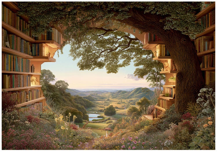 Landschaft mit Baumhausbibliothek und Blick auf ein Tal