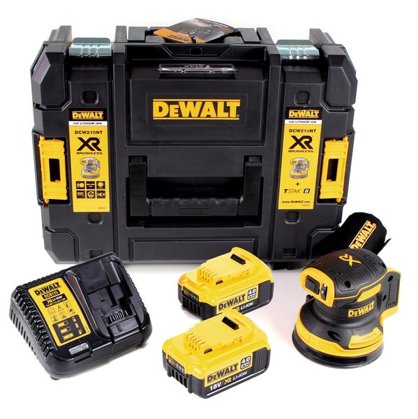 DeWalt Akku-Exzenterschleifer DCW210 mit zwei 18 Volt 4,0 Amperestunden Akkus, Ladegerät, Staubbeutel und TSTAK Koffer.