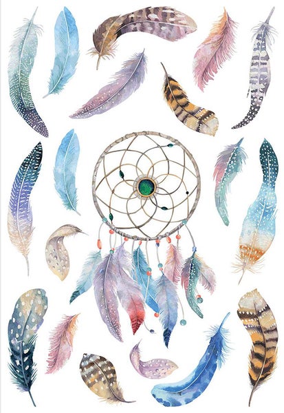 Wandtattoo mit Traumfänger und verschiedenen Federn im Aquarellstil.
