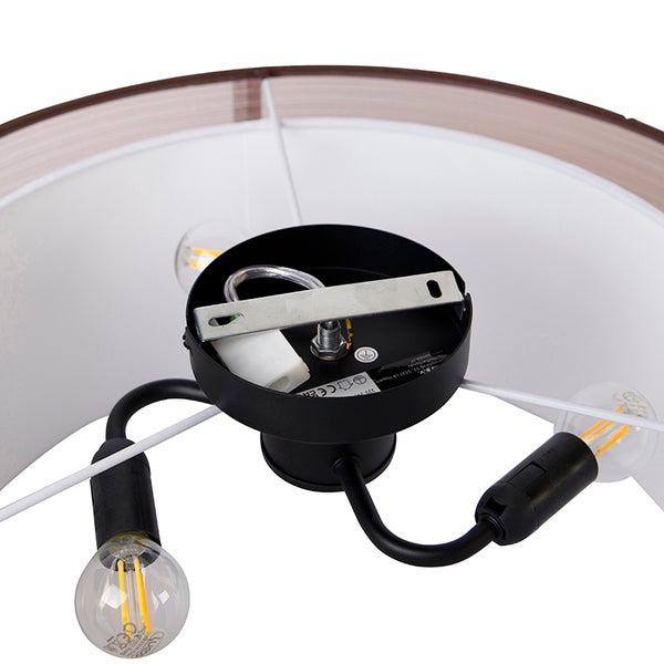Innenansicht einer Deckenleuchte mit drei LED-Filament-Leuchtmitteln, schwarzem Metallsockel und Montagebügel.