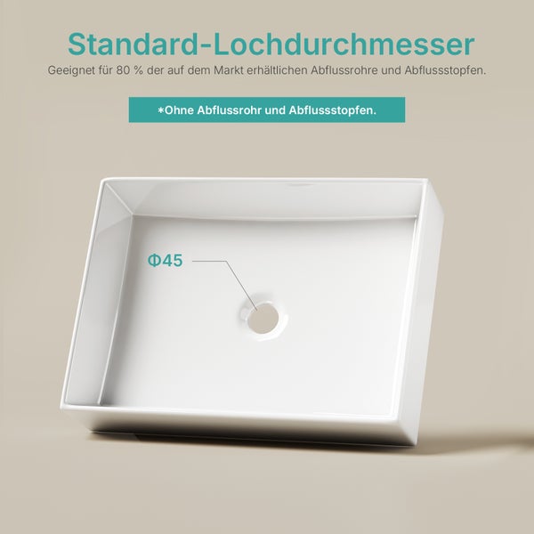 Rechteckiges Keramik-Aufsatzwaschbecken mit einem Standard-Lochdurchmesser von 45 Millimetern für den Abfluss.