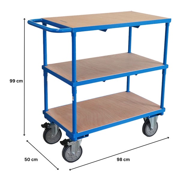 Etagenwagen mit drei Holzablagen und den Maßen 99 cm Höhe, 50 cm Breite und 98 cm Länge