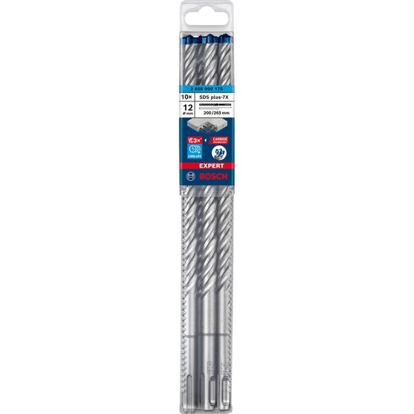 Bohrer-Set mit zehn SDS Plus-7X Bohrern, Durchmesser zwölf Millimeter, Länge 200 bis 265 Millimeter
