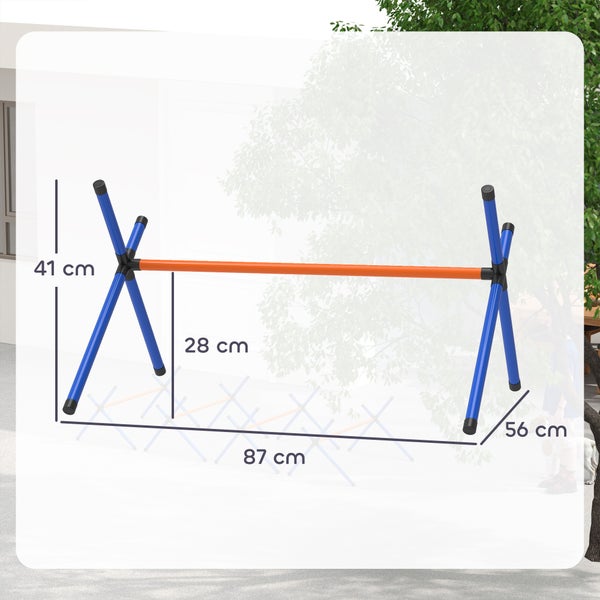 Blau-orange Agility Hürde für Hunde mit Maßen: Höhe 41 Zentimeter, Stangenhöhe 28 Zentimeter, Länge 87 Zentimeter, Breite 56 Zentimeter.