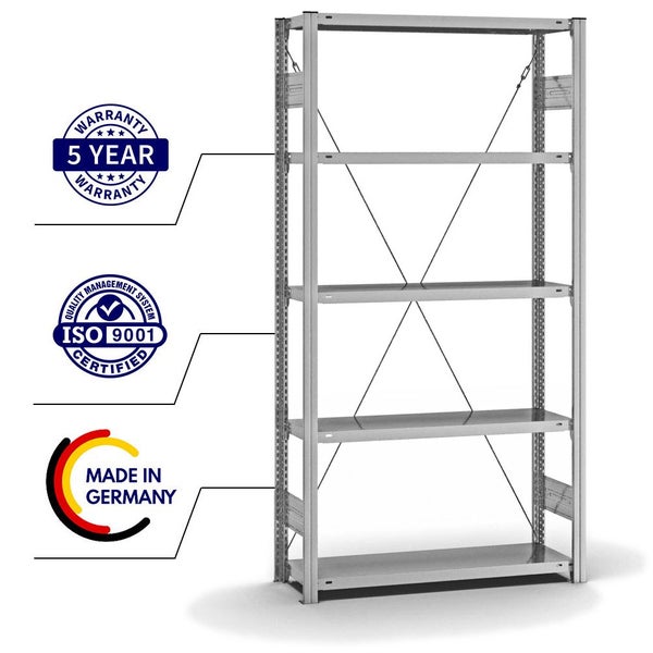 PROREGAL Fachbodenregal Stecksystem T-Profil Light-Duty Grundregal HxBxT 200 x 100 x 30 cm 5 Ebenen Fachlast 150 kg Einseitig Nutzbar Verzinkt