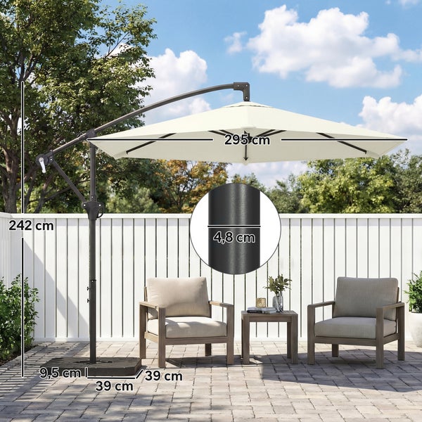 Parasol: 180 Gramm pro Quadratmeter Polyestergewebe, spritzwassergeschützt, atmungsaktiv, pulverbeschichteter Rahmen mit LEDs, rostbeständig, solide.