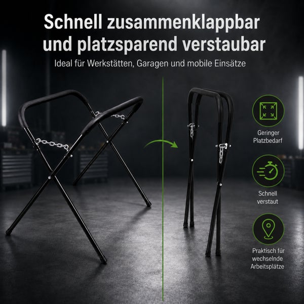 Klappbarer Montagebock in offener und geschlossener Ansicht. Symbole verdeutlichen geringen Platzbedarf, schnelles Verstauen und mobile Nutzung.