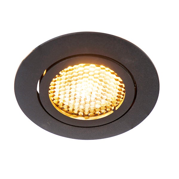 Runder schwarzer LED-Einbaustrahler mit warmweißem Licht und Diffusor mit Wabenmuster.