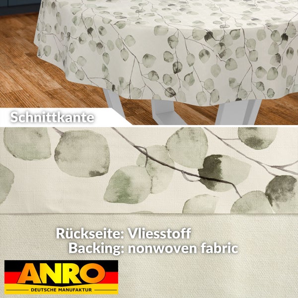 Wachstischdecke mit Blättermuster, Detail der Schnittkante und Vliesstoff-Rückseite. ANRO Logo.