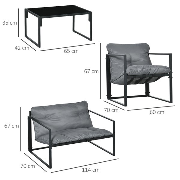 Outsunny Gartenmöbel Set 4 Personen Stahl wetterfest Balkonmöbel-Set mit 2er Sofa, Sessel Glastisch Sitzkissen Outdoor Sitzgruppe Terrassenmöbel Gartengarnitur für Garten Terrasse Balkon Grau+Schwarz