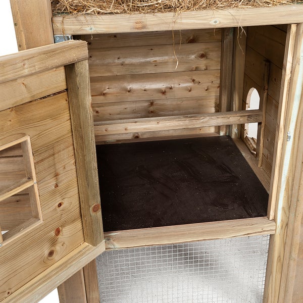 Detailansicht des Inneren eines Hühnerstalls aus Holz mit Tür und Gitter