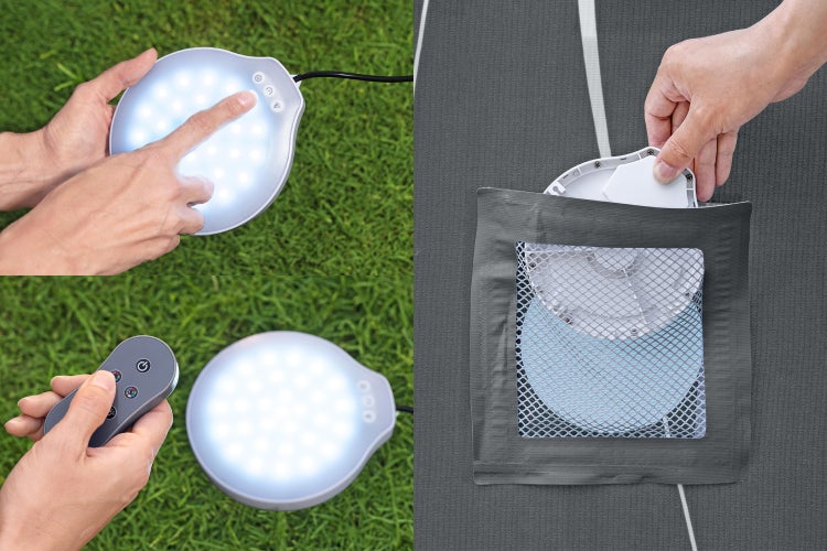 LED-Poolbeleuchtung mit Fernbedienung, Touch-Bedienung am Gehäuse und Montage in einer Netztasche an der Poolwand.