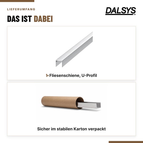 Lieferumfang von Dalsys beinhaltet eine Fliesenschiene als U-Profil, sicher verpackt in einem stabilen Kartonrohr für den Schutz beim Transport.
