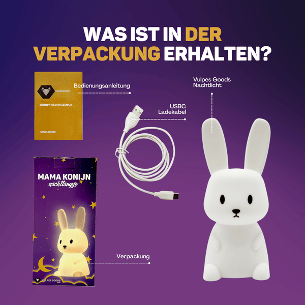 Vulpes Goods Nachtlicht  - Mit LED Licht und 8 Farben - Kinderlampe - Kaninchen - Nachttischlampe - USB - aufladbar  - Dimmer
