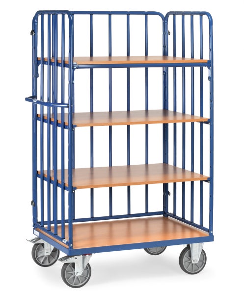 Blauer Transportwagen mit vier Holzregalböden und Rädern