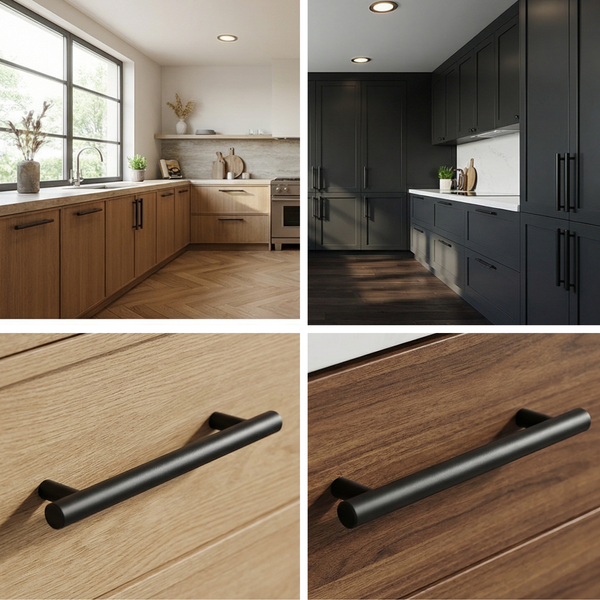 Collage mit Küchen in hellem und dunklem Holz sowie Detailansichten von Möbelgriffen