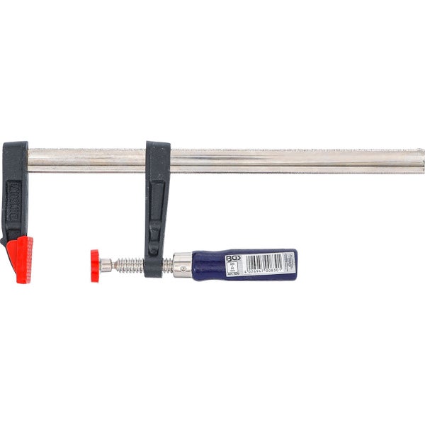 Schraubzwinge mit blauem Griff und roter Schutzkappe