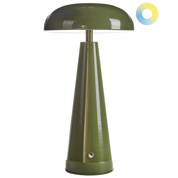 Pilzförmige Tischleuchte in Olivgrün mit kegelförmigem Standfuß und einstellbarer Farbtemperatur.