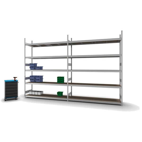 PROREGAL Weitspannregal Stecksystem T-Profil Grundregal HxBxT 300x225x60 cm 5 Ebenen Spanplatten Fachboden Fachlast 350 kg Verzinkt