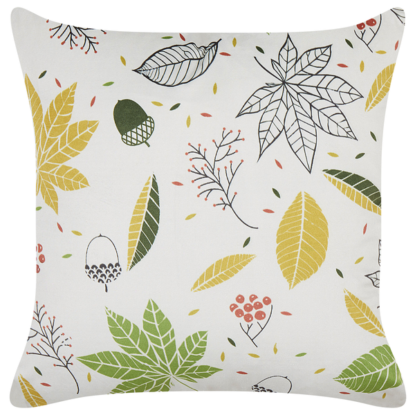 Quadratisches Dekokissen mit herbstlichem Blatt- und Eichel-Muster für ein gemütliches Ambiente.