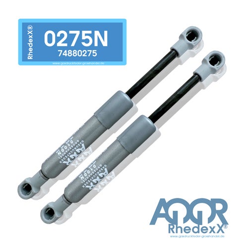 Zwei Gasdruckfedern AQQR RhedexX mit 275 Newton Druckkraft und Ösenbefestigung.