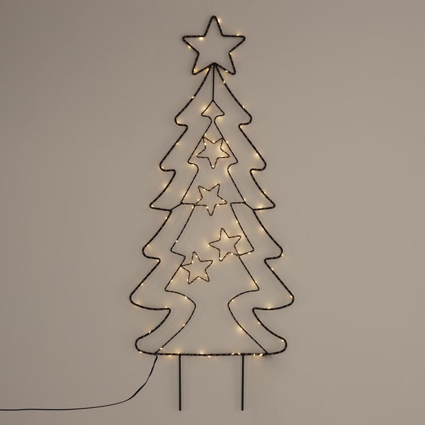ECD Germany LED Gartenstecker Weihnachtsbaum Tanne 87cm 90 LEDs Warmweiß 6 Std Timer Batteriebetrieben Innen/Außen Metall LED Baum Weihnachten Dekoration Garten Deko Tannenbaum beleuchtet Lichterbaum