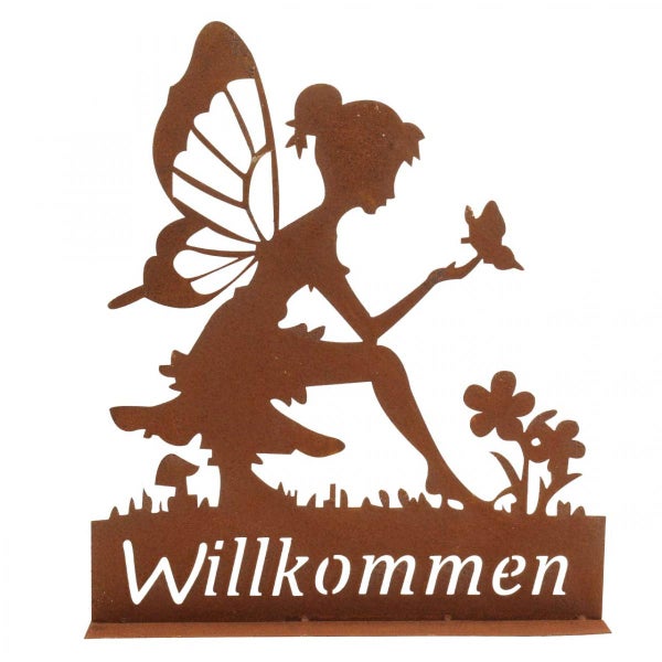 Dekorationsobjekt aus Metall mit der Aufschrift Willkommen, Darstellung einer Elfe mit Schmetterling