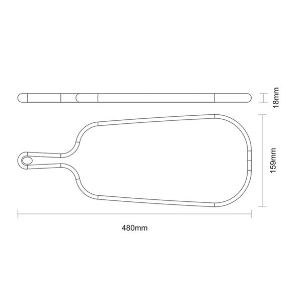 Technische Zeichnung eines Serviertabletts mit Griff und Maßangaben.