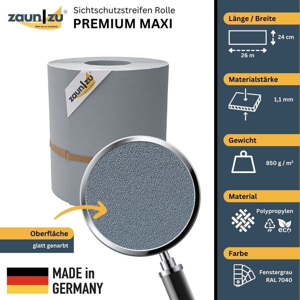 Zaun zu Sichtschutzstreifen Rolle Premium Maxi aus Polypropylen, 26 Meter lang und 24 Zentimeter breit