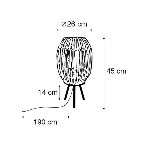 Technische Zeichnung einer Stehlampe mit den Maßen 26 cm Durchmesser, 45 cm Höhe und 190 cm Kabellänge