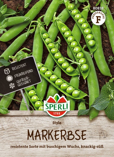 Sperli Saatgut Markerbse Style, eine resistente Sorte mit buschigem Wuchs und knackig süßen Erbsen, ideal zum Einfrieren geeignet.