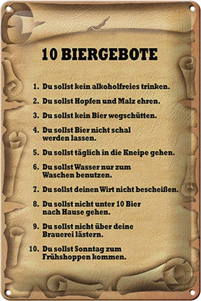 Blechschild Spruch 20x30cm 10 Biergebote du sollst kein